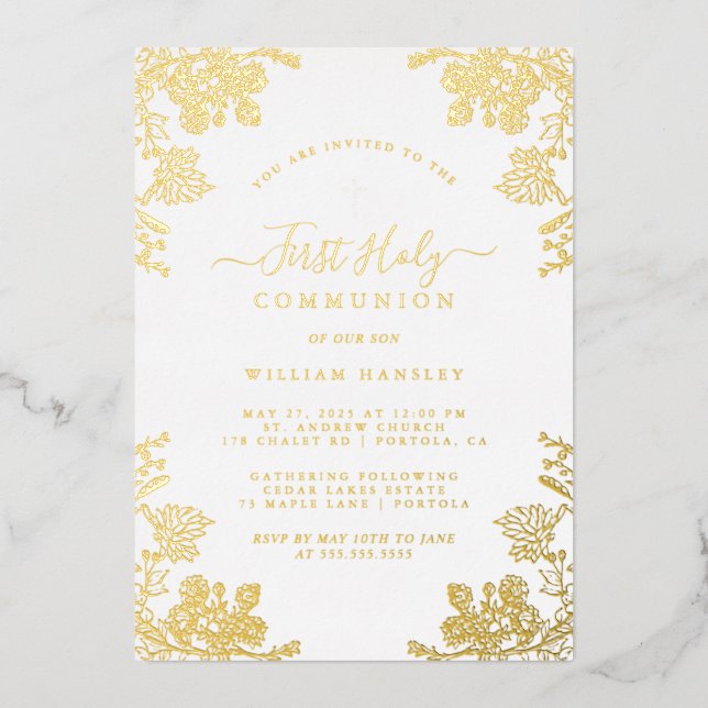 Gold Floral Vintage Boys First Communion  (Front)