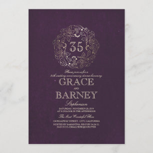 Gold Floral Vintage Plum Wedding Anniversary Invitation