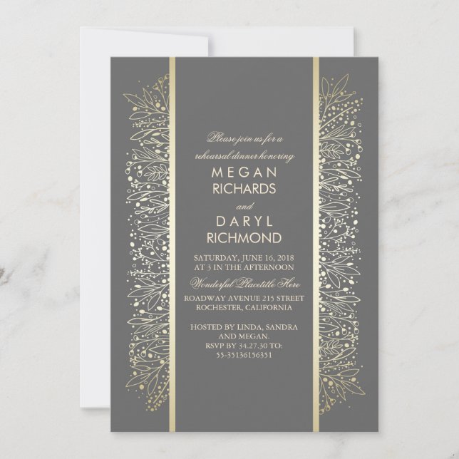 Gold Floral Vintage Rehearsal Dinner Invitation (Front)