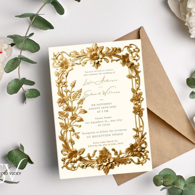 Gold Floral Vintage Wedding Invitation (Vintage Wedding Invitation in Gold)