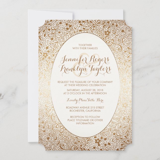 Gold Floral Vintage Wedding Invitations (Front)