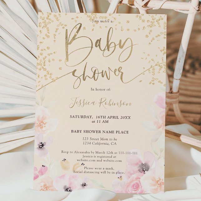 Gold floral watercolor girly pink baby shower  invitation (Creator Uploaded)