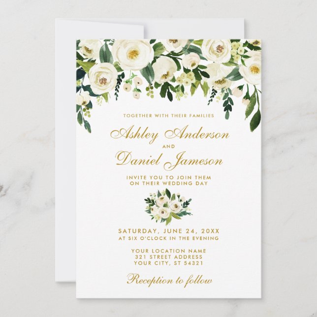 Gold Floral Watercolor Green Wedding Invitation (Front)