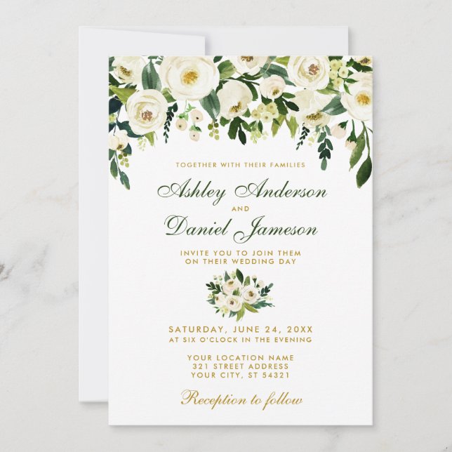 Gold Floral Watercolor Green Wedding Invitation G (Front)
