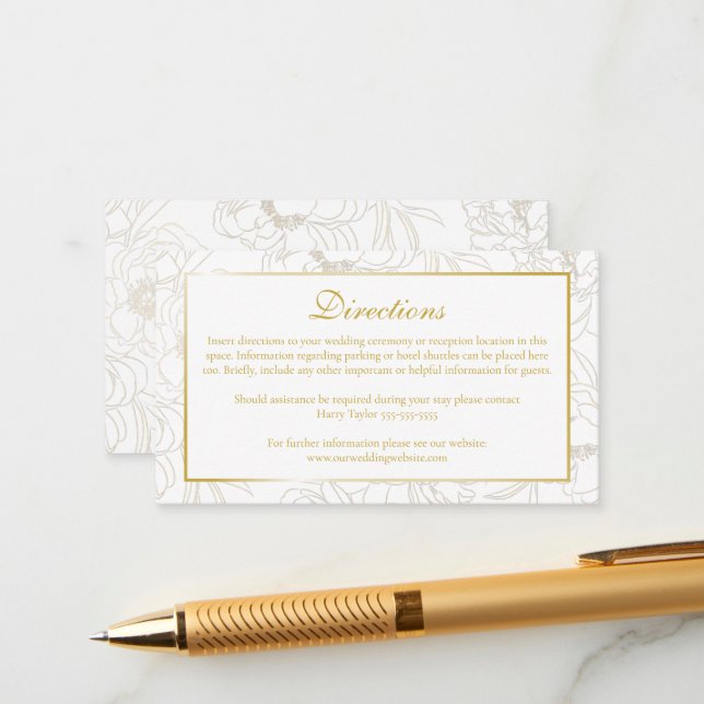 Gold Floral Wedding Directions Enclosure Card (Front/Back In Situ)