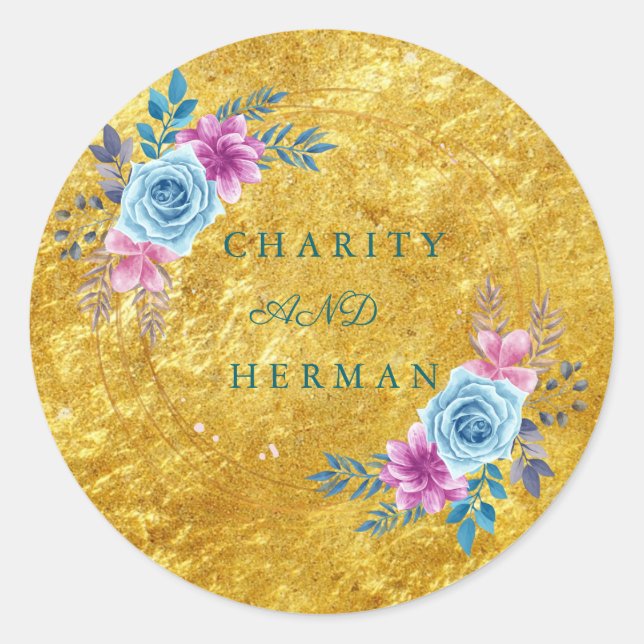 Gold Floral Wedding Envelope Seal Sticker (Front)