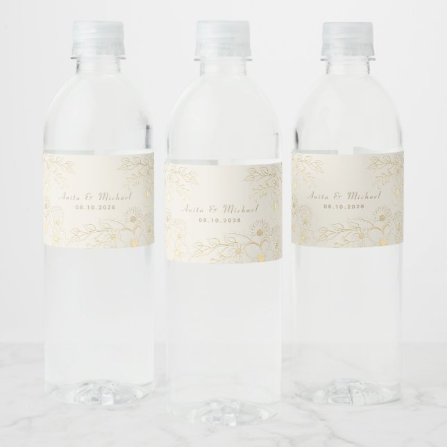 Gold Floral Wedding Water Bottle Label (Bottles)