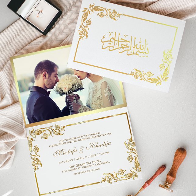Gold Floral White Photo Muslim Wedding Foil Card (Creator Uploaded)