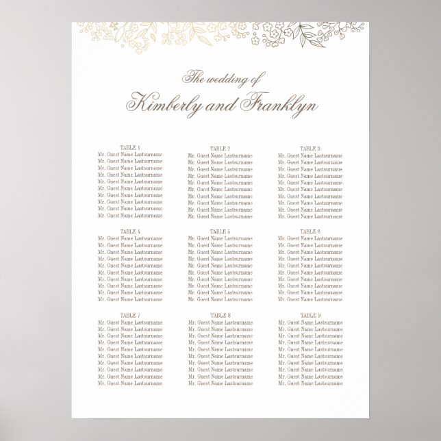 Gold Floral White Wedding Seating Chart (Front)