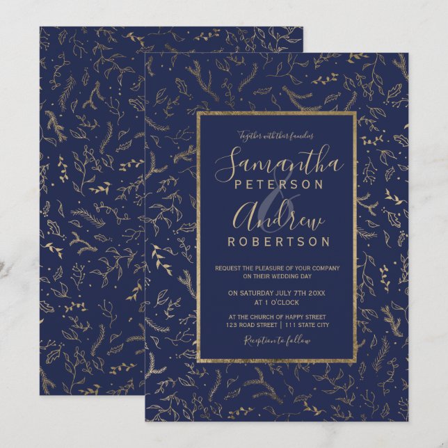 Gold floral winter navy blue typography wedding invitation (Front/Back)