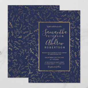 Gold floral winter navy blue typography wedding invitation