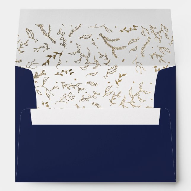 Gold floral winter navy blue wedding address envelope (Back (Bottom))