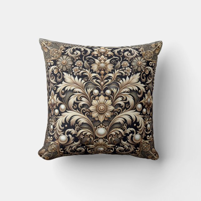 Gold Floral With Flowers and Leaves Throw Pillow (Front)