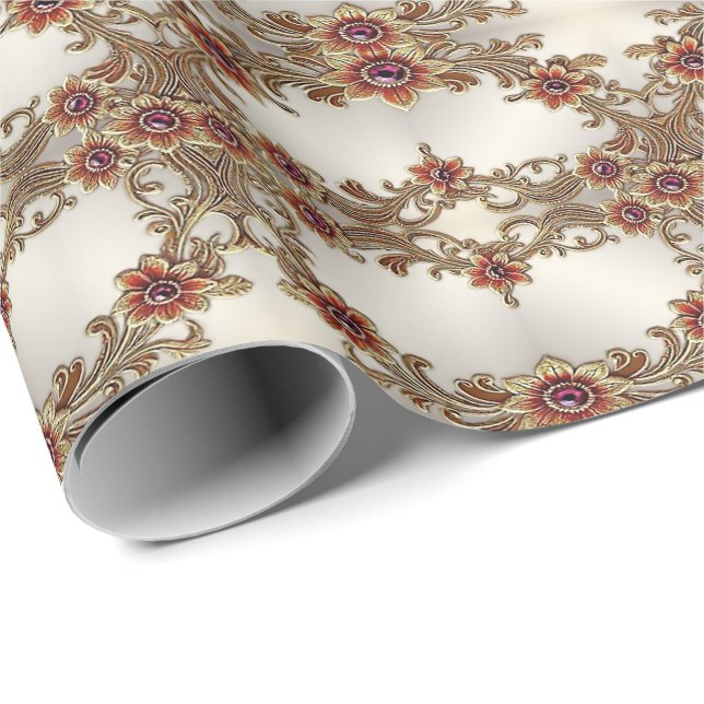 Gold Floral with Red Stones Wrapping Paper (Roll Corner)