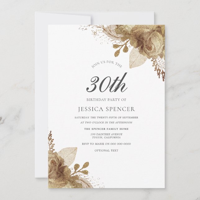 Gold Floral Womans Mens 30th Birthday Party Invite (Front)