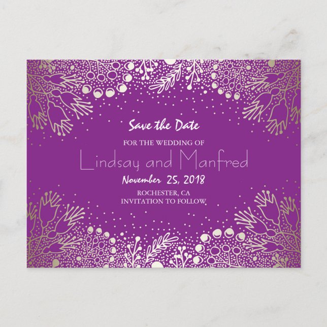 Gold Floral - Wonderland Purple Save the Date Announcement Postcard (Front)