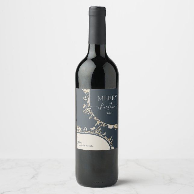 Gold Floral Wreath Blue Christmas  Wine Label (Front)