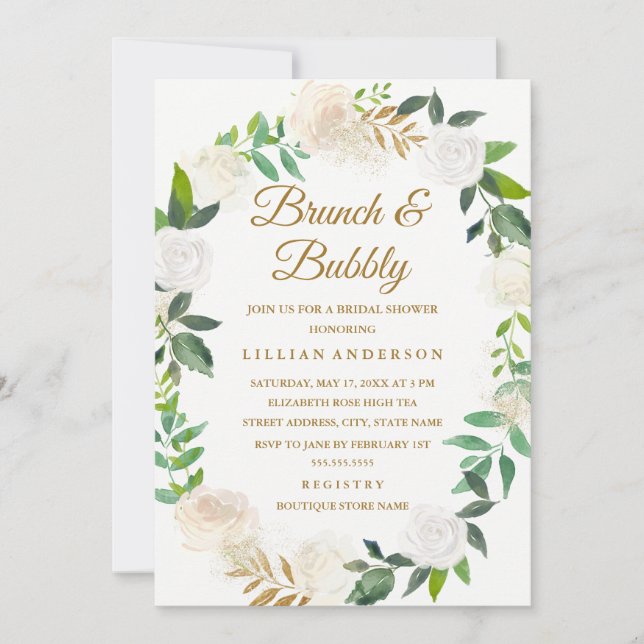 Gold Floral Wreath Brunch and Bubbly Bridal Shower Invitation (Front)