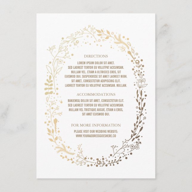 Gold Floral Wreath Elegant Bouquet Wedding Details Enclosure Card (Front)