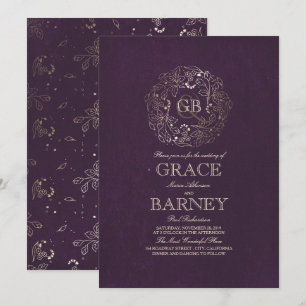 Gold Floral Wreath Monogram Vintage Plum Wedding Invitation