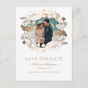 Gold Floral Wreath   Peonies   Photo Save the Date Announcement Postcard