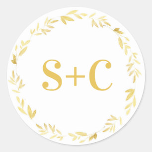 Gold floral wreath personalised wedding stickers