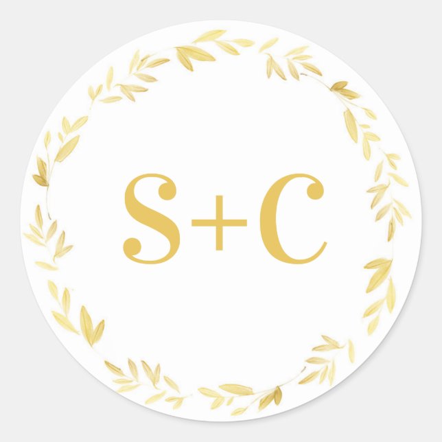 Gold floral wreath personalised wedding stickers (Front)