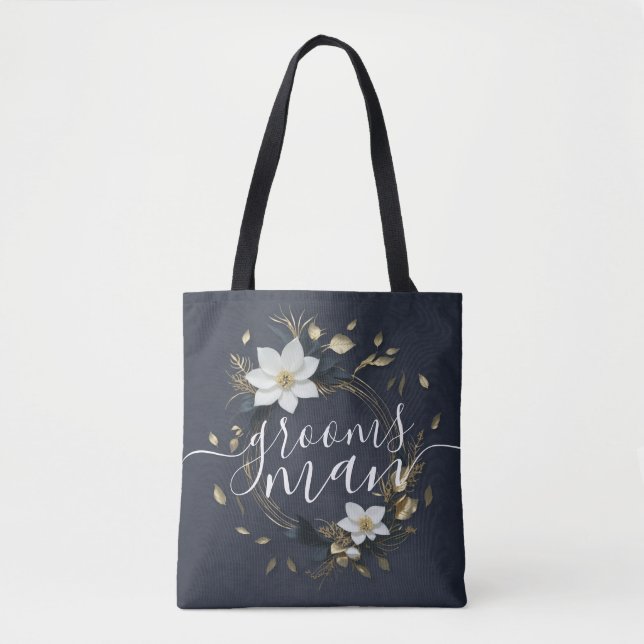 Gold Floral Wreath Wedding Groomsman Best Man Tote Bag (Front)