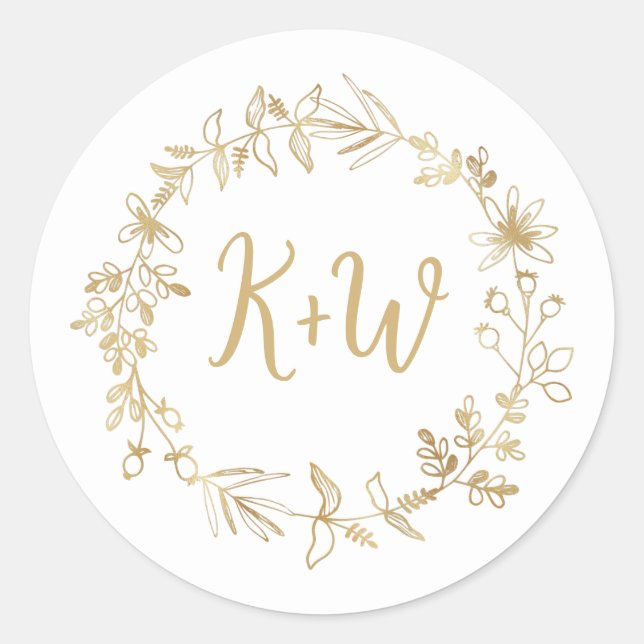 Gold Floral Wreath Wedding Invitation Initials Classic Round Sticker (Front)