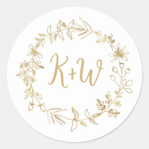 Gold Floral Wreath Wedding Invitation Initials Classic Round Sticker
