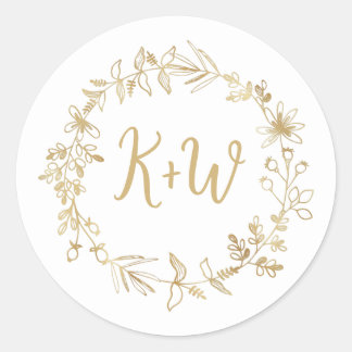 Gold Floral Wreath Wedding Invitation Initials Classic Round Sticker