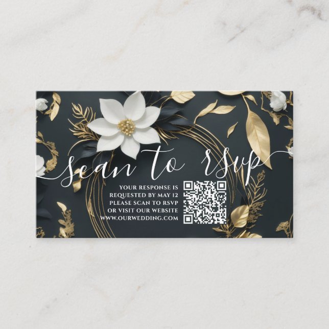 Gold Floral Wreath Wedding QR Code Website RSVP Enclosure Card (Front)
