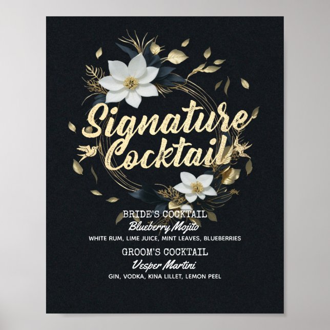 Gold Floral Wreath Wedding Signature Drink Menu Poster (Front)