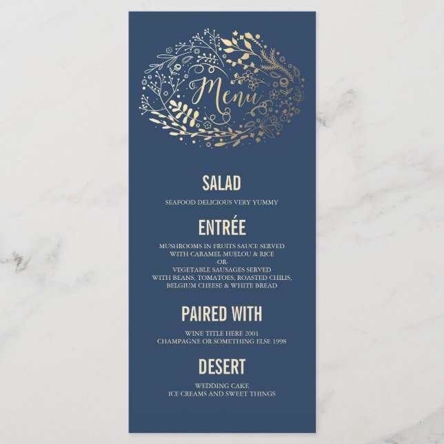 Gold Florals Elegant Navy Blue wedding menu cards (Front)