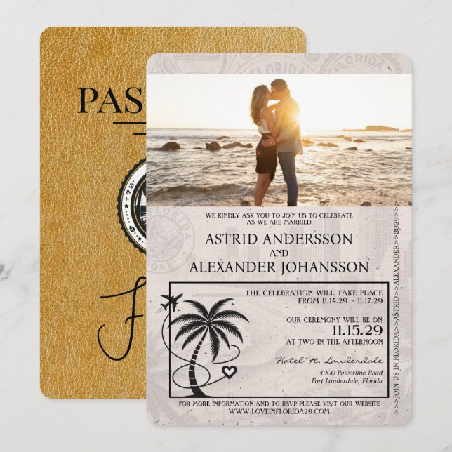 Gold Florida Passport Wedding Invitation (Front/Back)