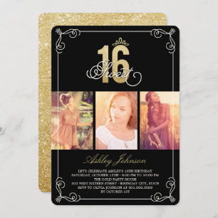 Gold Flourish Glam Sweet 16 Photo Birthday Party Invitation