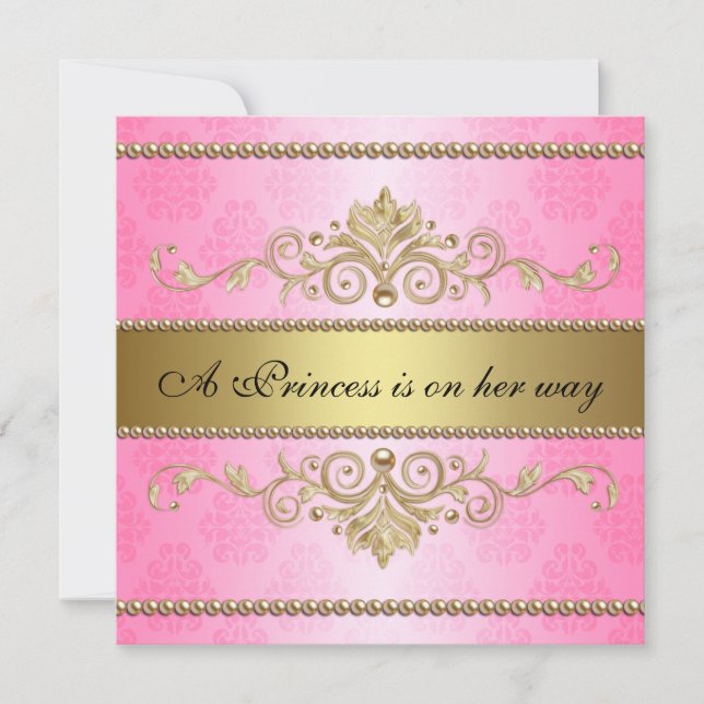 Gold Flourish Pattern Pink Girl Baby Shower Invitation (Front)