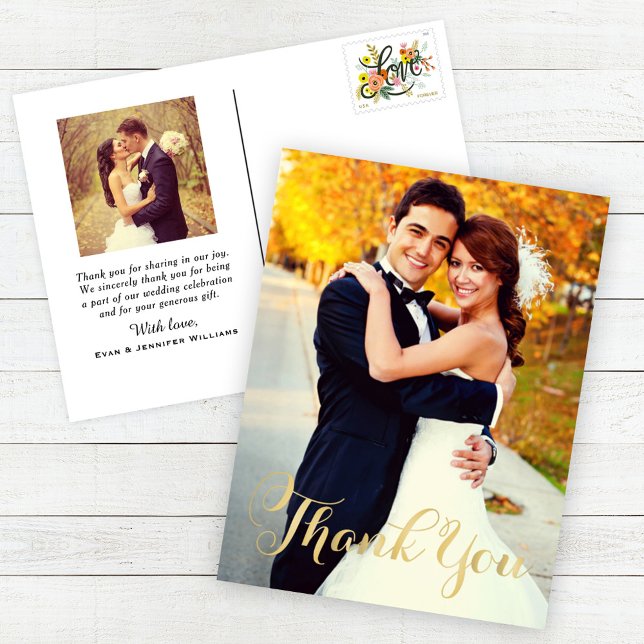 Gold Flourish Thank You Wedding Photo Portrait Postcard (Creator Uploaded)