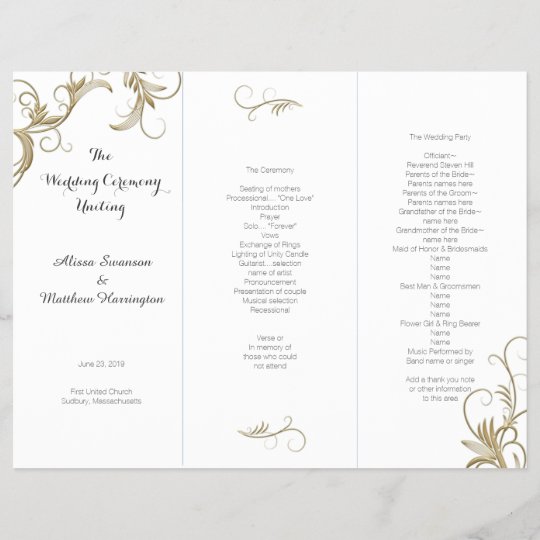 Gold Flourish White Tri Fold Wedding Program Zazzle Co Uk