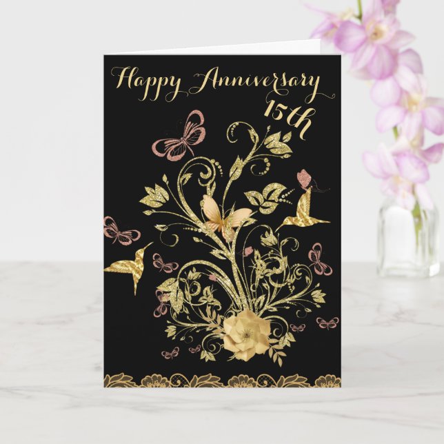 Gold Flower 15th Happy Wedding Anniversary Couple Card (Orchid)