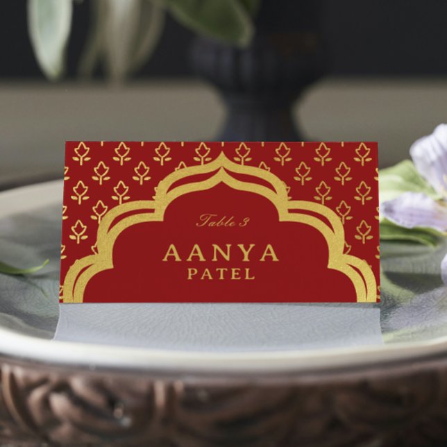 Gold Flower and Mundap Arch Wedding Escort Name Place Card (indian wedding place cards, hindu reception escort cards, gold glitter foil mundap canopy arch)