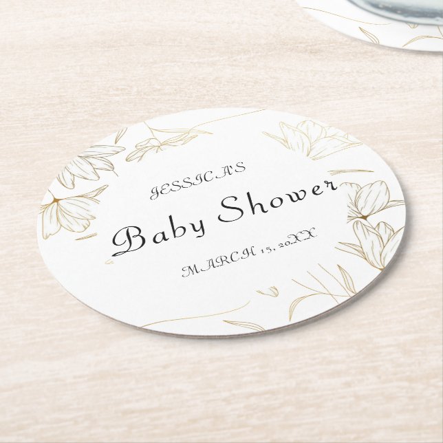 Gold Flower Baby Shower  Round Paper Coaster (Angled)