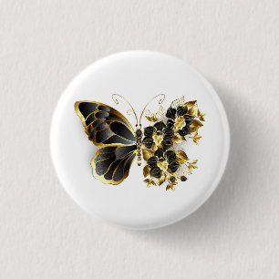 Gold Flower Butterfly with Black Orchid 3 Cm Round Badge