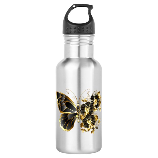 Gold Flower Butterfly with Black Orchid 532 Ml Water Bottle (Front)