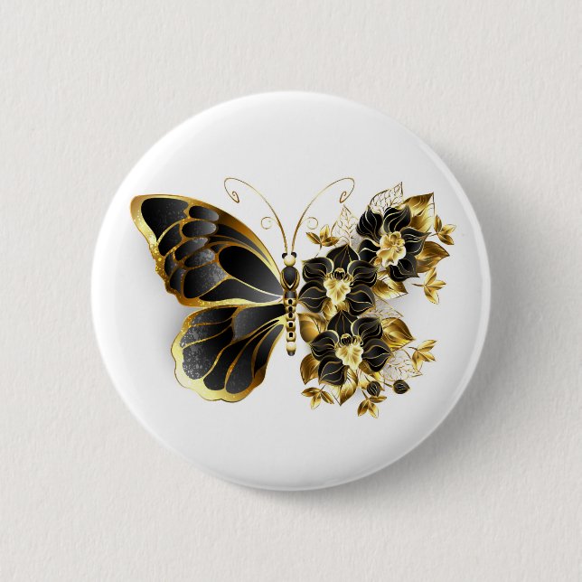 Gold Flower Butterfly with Black Orchid 6 Cm Round Badge (Front)