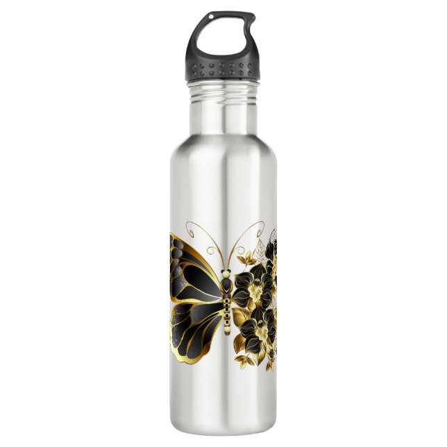 Gold Flower Butterfly with Black Orchid 710 Ml Water Bottle (Front)