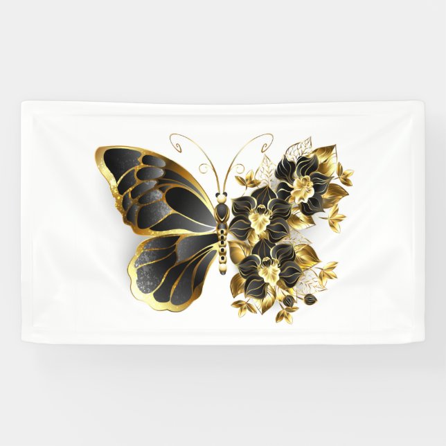 Gold Flower Butterfly with Black Orchid Banner (Horizontal)