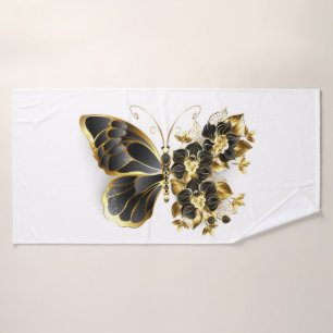 Gold Flower Butterfly with Black Orchid Bath Towel