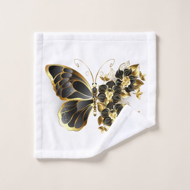 Gold Flower Butterfly with Black Orchid Bath Towel Set (Wash Cloth)