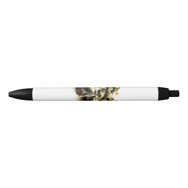 Gold Flower Butterfly with Black Orchid Black Ink Pen (Front)